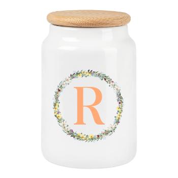 R Monogram, Couronne de fleurs, Personnalisable - Boîte à biscuits avec couvercle en bois - blanc - Devant