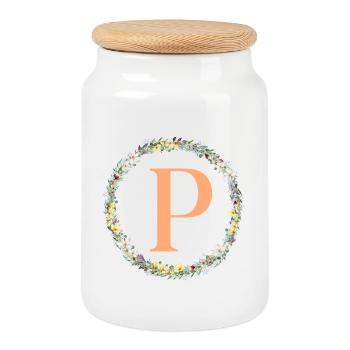 P Monogram, Couronne de fleurs, Personnalisable - Boîte à biscuits avec couvercle en bois - blanc - Devant