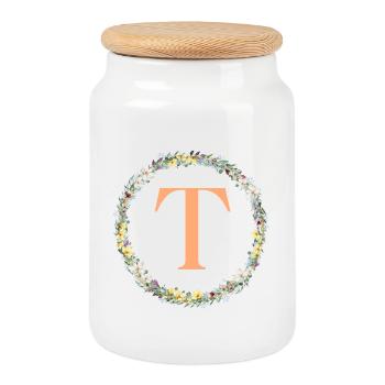 T Monogram, Couronne de fleurs, Personnalisable - Boîte à biscuits avec couvercle en bois - blanc - Devant