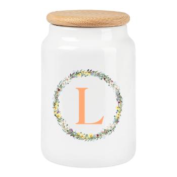 L Monogram, Couronne de fleurs, Personnalisable - Boîte à biscuits avec couvercle en bois - blanc - Devant