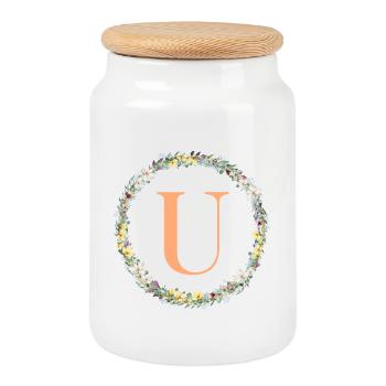 U Monogram, Couronne de fleurs, Personnalisable - Boîte à biscuits avec couvercle en bois - blanc - Devant