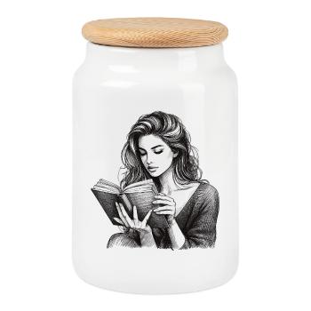 Drawing Woman Book Books Reading Gift - Cookie Jar with Wooden Lid - white - Front