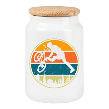 Retro Sonnenuntergang Fahrradfahrer Design - Keksdose mit Holzdeckel - Weiß - Vorne