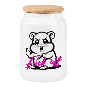 Funny Hamster *Fuck off* - Keksdose mit Holzdeckel - Weiß - Vorne