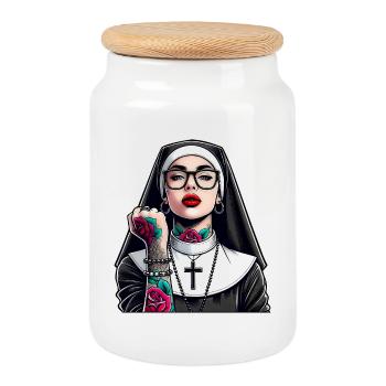 Nonne mit Tattoo - Keksdose mit Holzdeckel - Weiß - Vorne