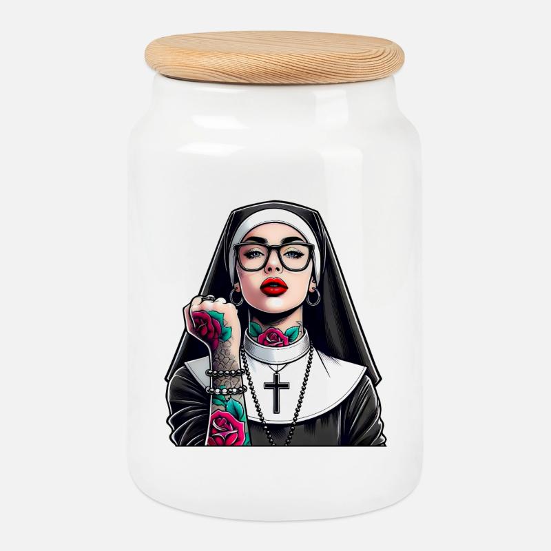 Nun with tattoo - Cookie Jar with Wooden Lid - white