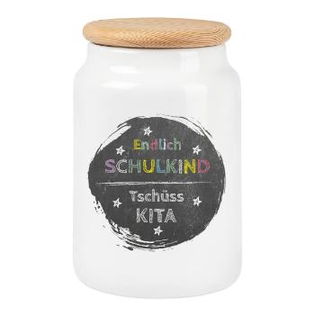 Endlich Schulkind - Tschüss Kita | Tafel Design - Keksdose mit Holzdeckel - Weiß - Vorne
