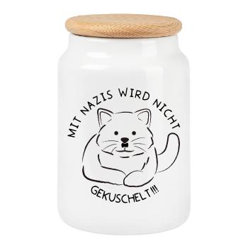 Minimalistische Katzen-Linienzeichnung Nazis raus - Keksdose mit Holzdeckel - Weiß - Vorne