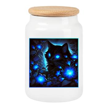 A shimmering glowing little black cat - Cookie Jar with Wooden Lid - white - Front