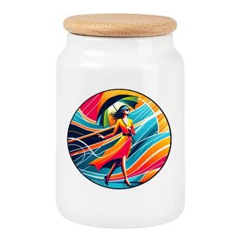 Colorful woman with umbrella - Cookie Jar with Wooden Lid - white - Front