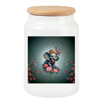 Elephant in a sea of flowers. - Cookie Jar with Wooden Lid - white - Front