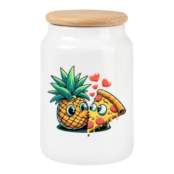 Pizza Hawaii Baiser Relation d’amour Drôle Cadeau - Boîte à biscuits avec couvercle en bois - blanc - Devant