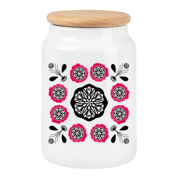Flowerpower black and pink - Cookie Jar with Wooden Lid - white - Front