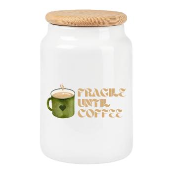 Fragile Until Coffee – Fun Coffee Design - Cookie Jar with Wooden Lid - white - Front