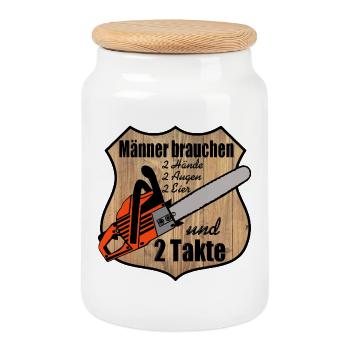 Chainsaw , Firewood , Old School , 2 strokes (25) - Cookie Jar with Wooden Lid - white - Front
