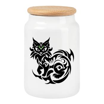 Mystische Katze tribal - Keksdose mit Holzdeckel - Weiß - Vorne
