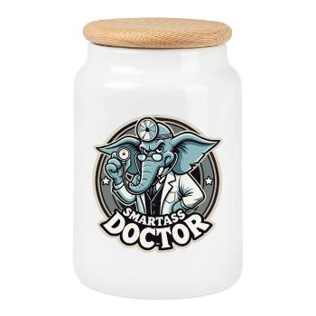Smartass Doctor Elephant Funny Gift - Cookie Jar with Wooden Lid - white - Front