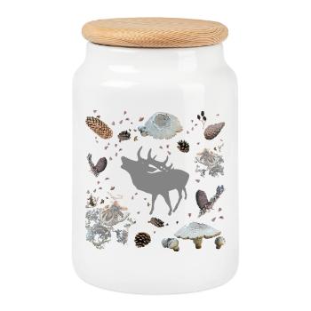 Cerf aux pommes de pin et champignons - Boîte à biscuits avec couvercle en bois - blanc - Devant