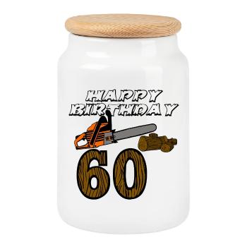 60th Birthday , Chainsaw Wood (25) - Cookie Jar with Wooden Lid - white - Front