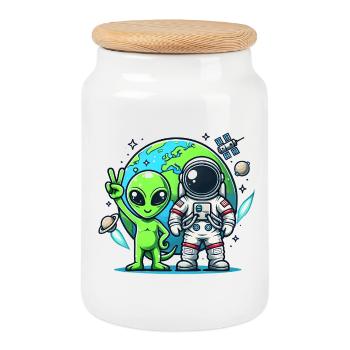 Alien astronauts in space - Cookie Jar with Wooden Lid - white - Front