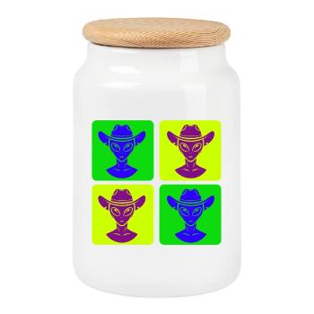 Alien Cowboy Pop Art Design - Boîte à biscuits avec couvercle en bois - blanc - Devant