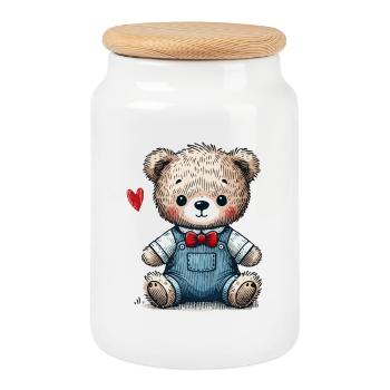 Vintage teddy bear with dungarees - Cookie Jar with Wooden Lid - white - Front
