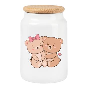 Umarmende Baby-Teddybären - Keksdose mit Holzdeckel - Weiß - Vorne