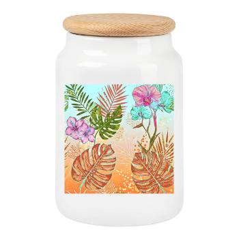 Monstera Motif Fleurs Et Feuilles Tropicales - Boîte à biscuits avec couvercle en bois - blanc - Devant
