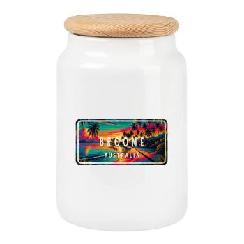 Broome Australia Palm Trees Sign Design - Cookie Jar with Wooden Lid - white - Front