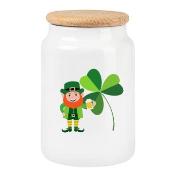Leprechaun smiling in front of an Irish shamrock - Cookie Jar with Wooden Lid - white - Front