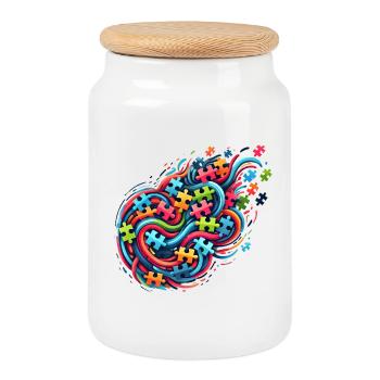 Colorful puzzle-inspired design - Cookie Jar with Wooden Lid - white - Front