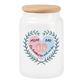 Maman, papa et bébé Coeur Design - Boîte à biscuits avec couvercle en bois - blanc - Devant