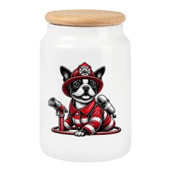Bostie Pompier Chien - Boîte à biscuits avec couvercle en bois - blanc - Devant