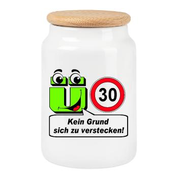 30. Geburtstag ,Ü30 Kein Grund sich zu verstecken - Keksdose mit Holzdeckel - Weiß - Vorne