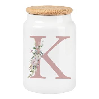 K Monogram, Floral, Personalizable - Cookie Jar with Wooden Lid - white - Front