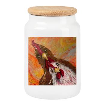 Hahn und Huhn - Keksdose mit Holzdeckel - Weiß - Vorne