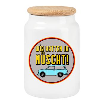 We had yes nüscht - GDR cult saying, monza man - Cookie Jar with Wooden Lid - white - Front