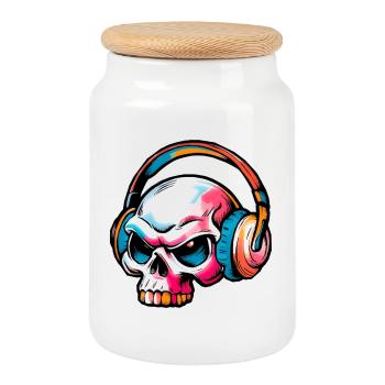 Colored Skull Illustration - Cookie Jar with Wooden Lid - white - Front