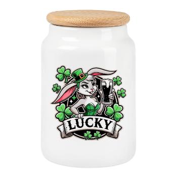 St. Patrick's Day Bunny Bunny Bunny Happy - Cookie Jar with Wooden Lid - white - Front