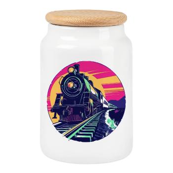 Railway Illustration - Cookie Jar with Wooden Lid - white - Front