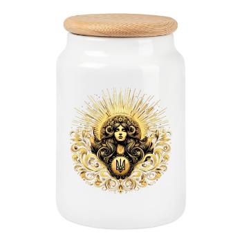 Ukraine Woman Ukrainian Gold Flower Crown Gift - Cookie Jar with Wooden Lid - white - Front