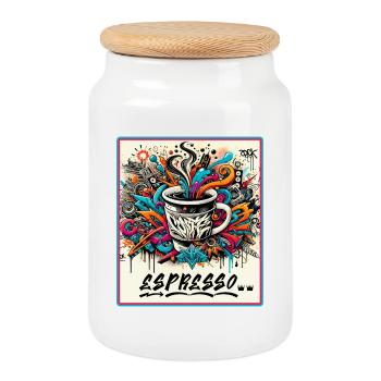 Espresso Graffiti Kaffee Design - Keksdose mit Holzdeckel - Weiß - Vorne