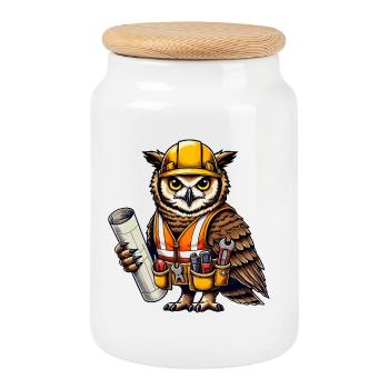Construction Worker Owl – Clever & Crafty! - Cookie Jar with Wooden Lid - white - Front