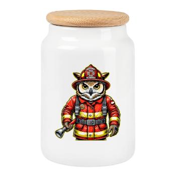 Fire Brigade Owl – Courage Meets Wisdom - Cookie Jar with Wooden Lid - white - Front