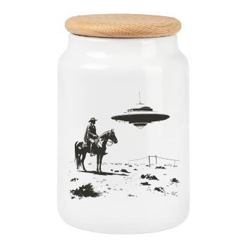 Cowboy meets UFO – Wild West Alien Encounter - Cookie Jar with Wooden Lid - white - Front