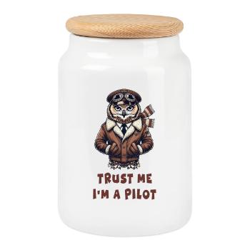 Trust me, I'm a pilot / owl - Cookie Jar with Wooden Lid - white - Front
