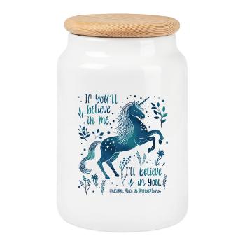 Alice in Wonderland Unicorn Quote - Believe in you - Cookie Jar with Wooden Lid - white - Front