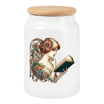 Book Books Reading Beautiful Woman Art Nouveau Gift - Cookie Jar with Wooden Lid - white - Front
