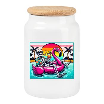 Flamingo Pool Party – Skeleton Summer Vibes - Cookie Jar with Wooden Lid - white - Front