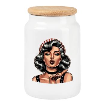 Rockabilly Kissing Mouth Air Kiss Blow Retro Gift - Cookie Jar with Wooden Lid - white - Front